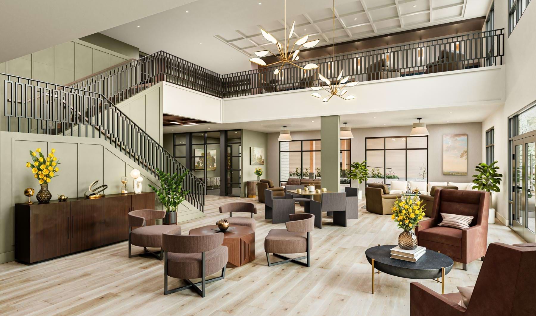 Large lobby with seating and staircase 