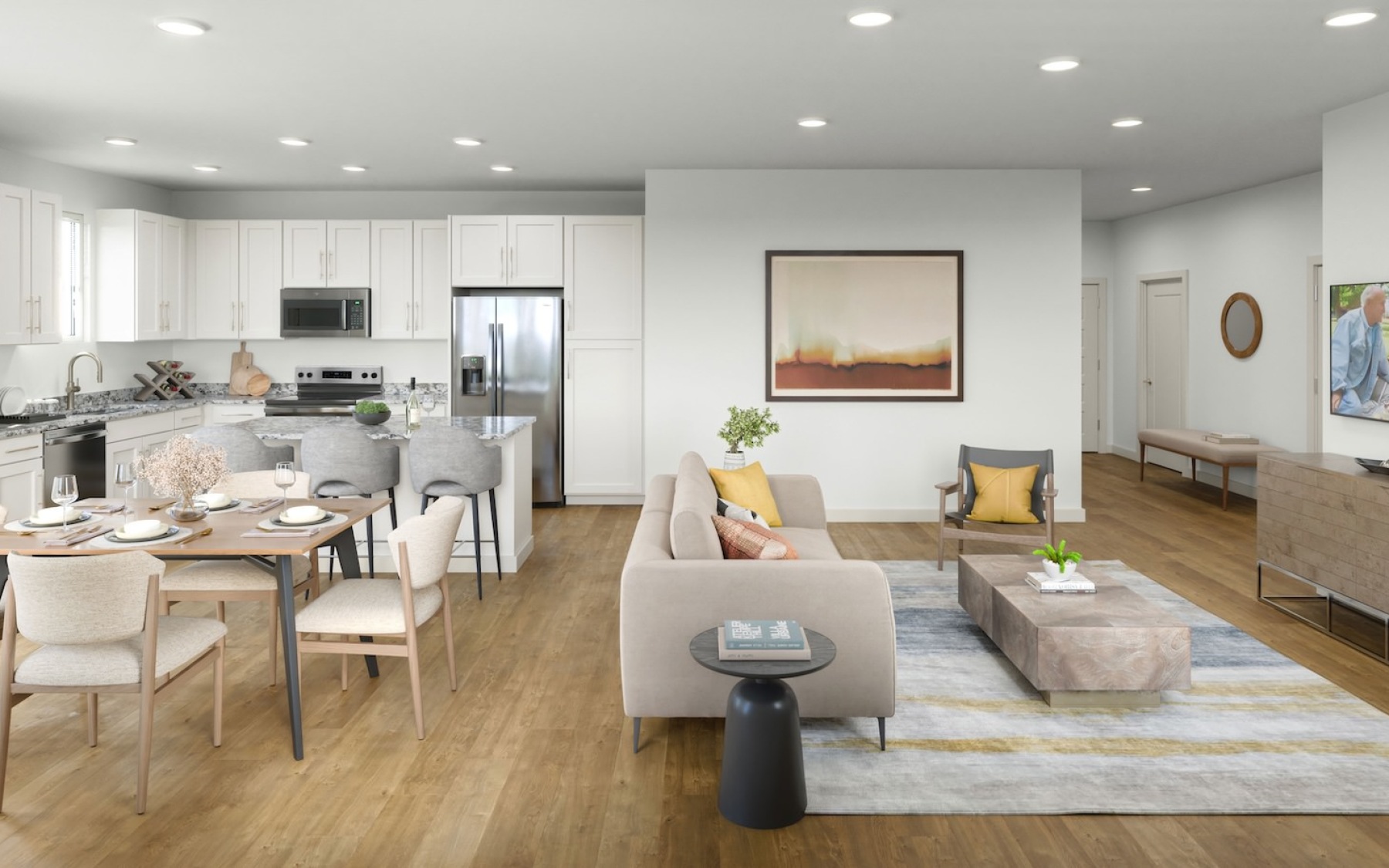 living room with a couch, coffee table, and tv