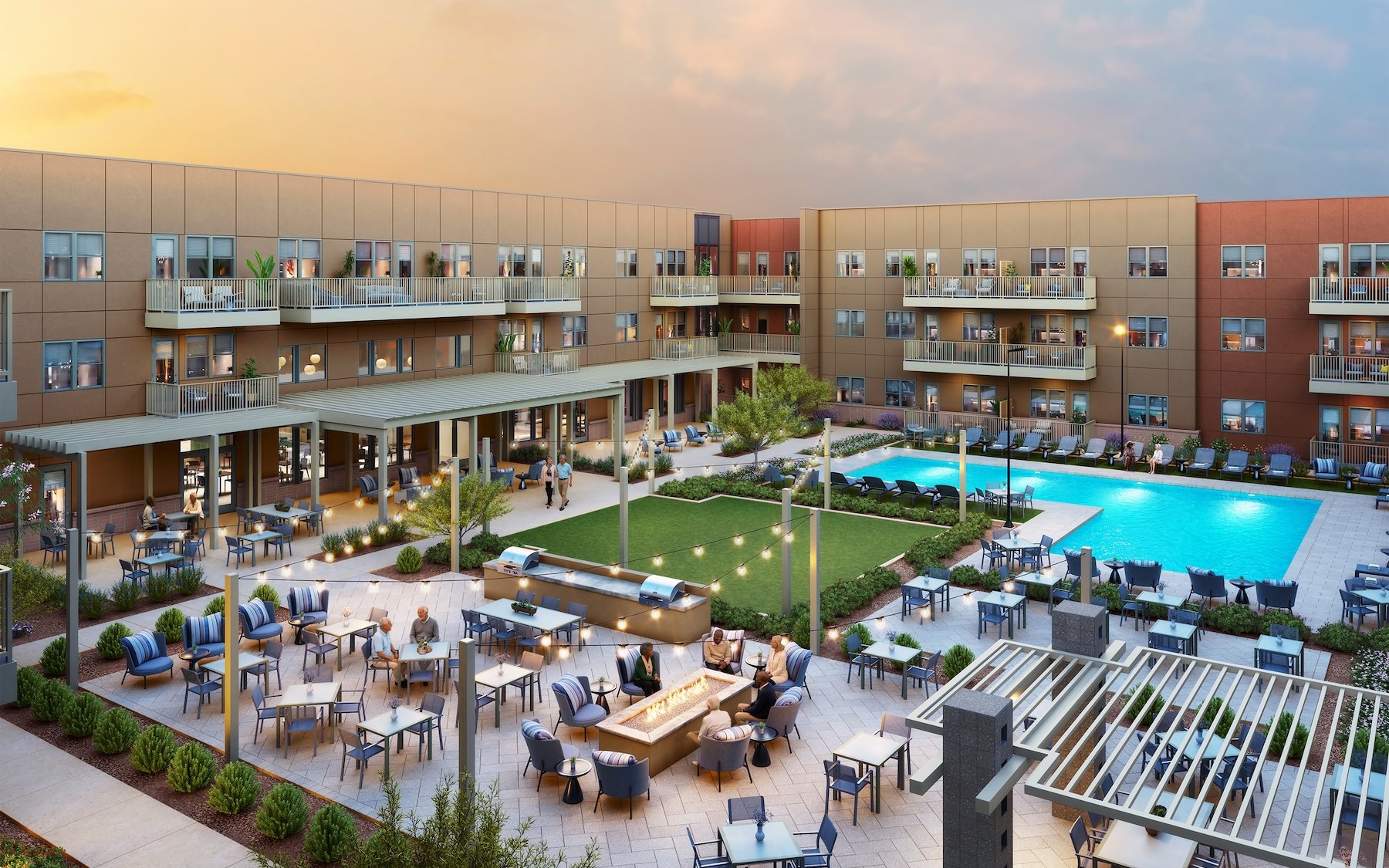 a courtyard with tables and chairs and people walking around it