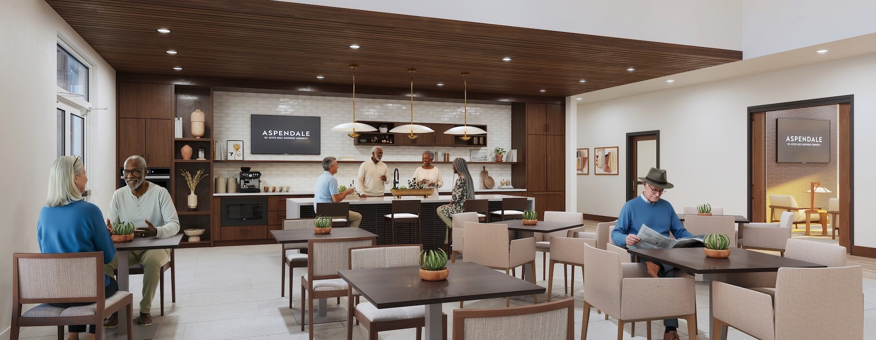 Resident lounge at Aspendale Scottsdale in Scottsdale, AZ, featuring tables, chairs, and a community kitchen area.
