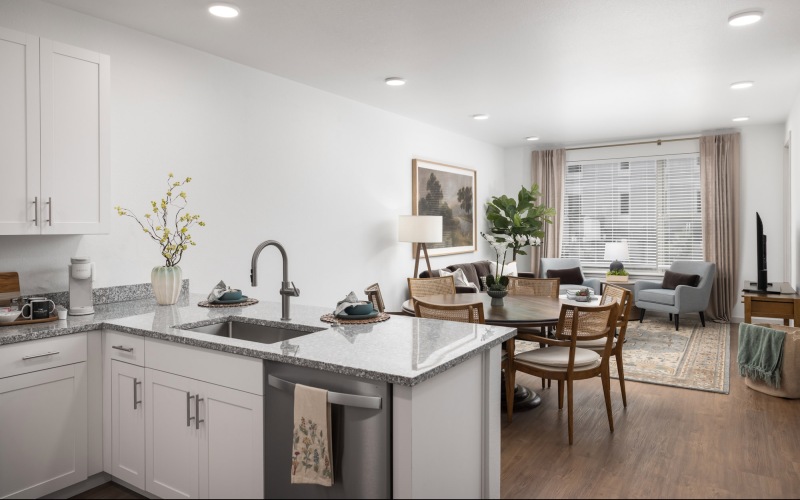 kitchen with serving counter next to dining area