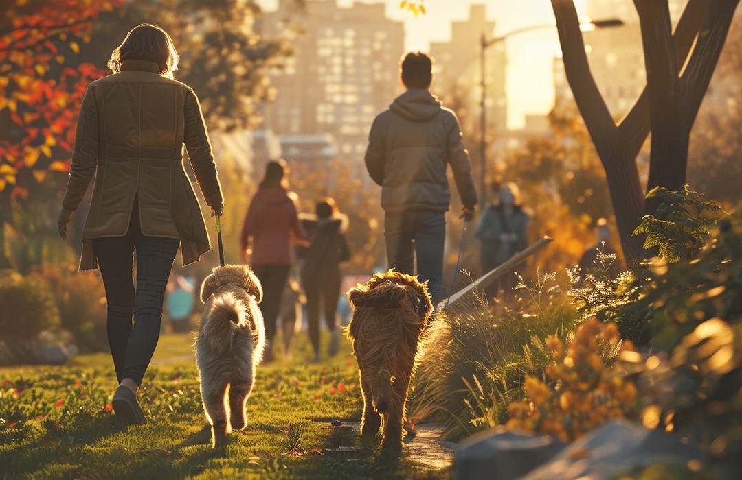 Family walking in a park with their dogs