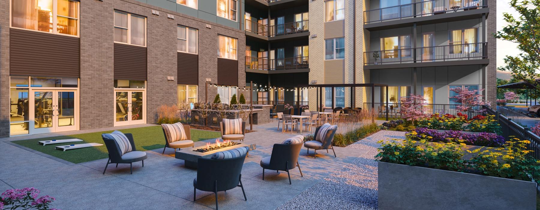 courtyard with seating and fire pit 