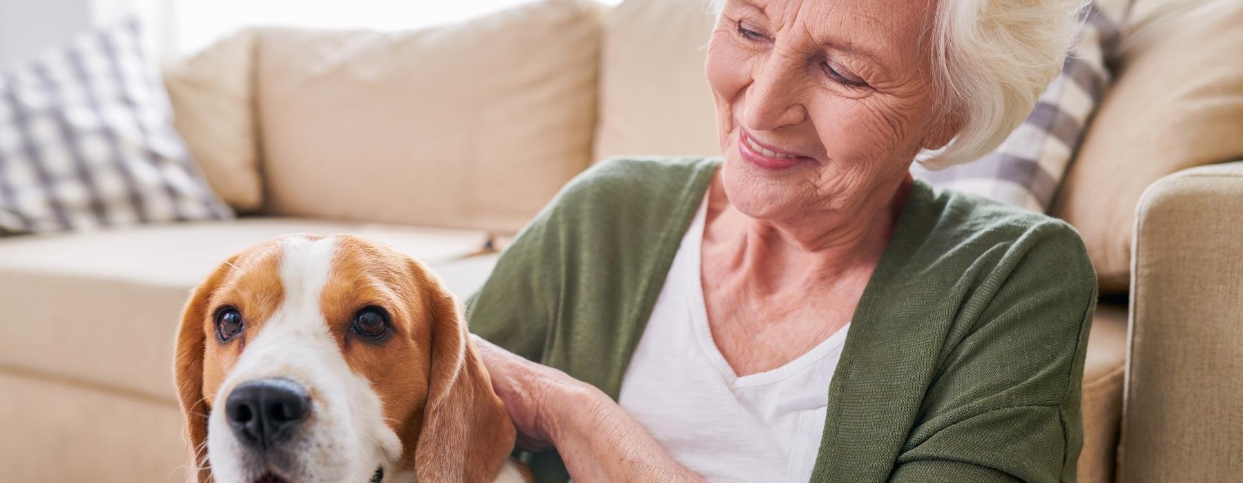 Woman sitting in her living room with her dog